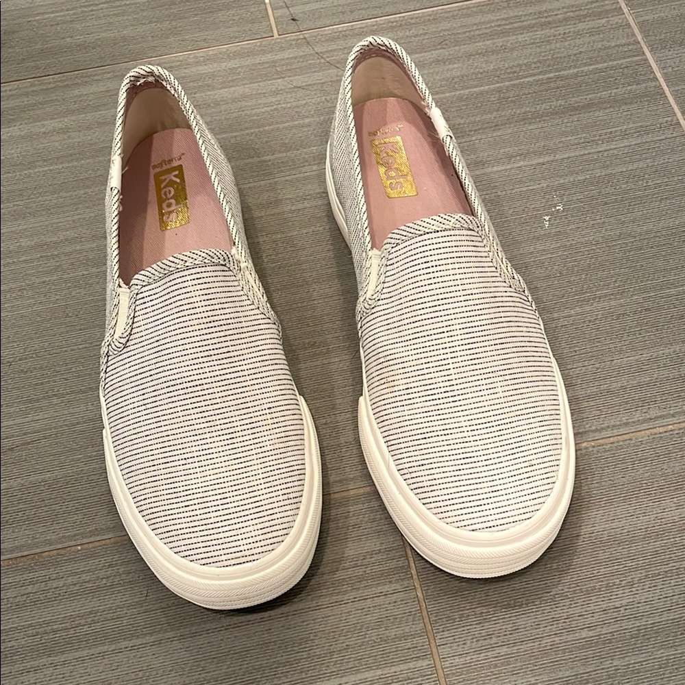 Keds White and Black Striped Slip-Ons